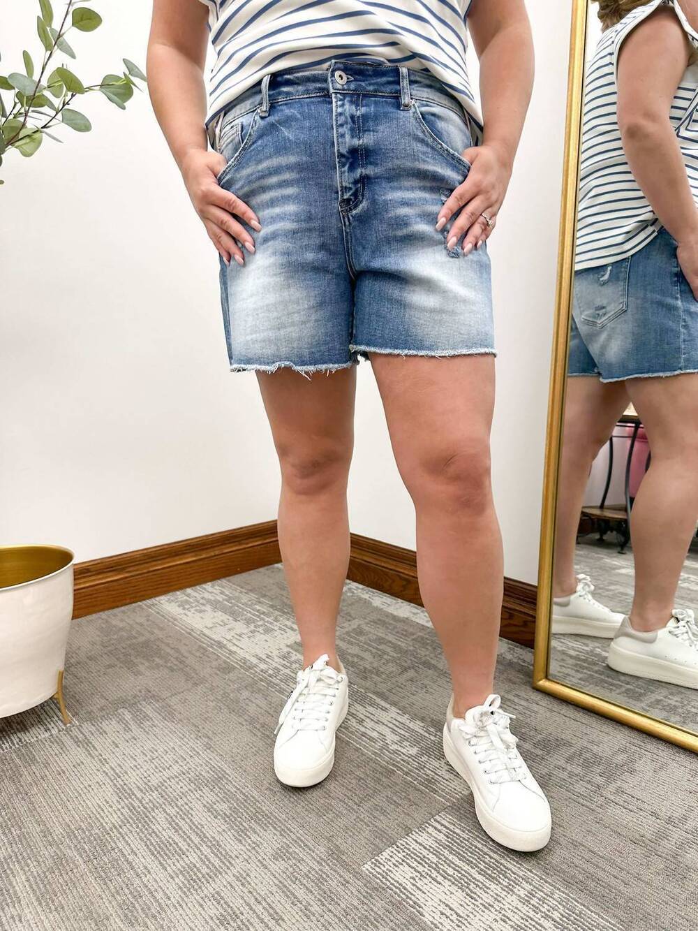 NEW MICA DENIM super high rise frayed hem denim shorts in blue
